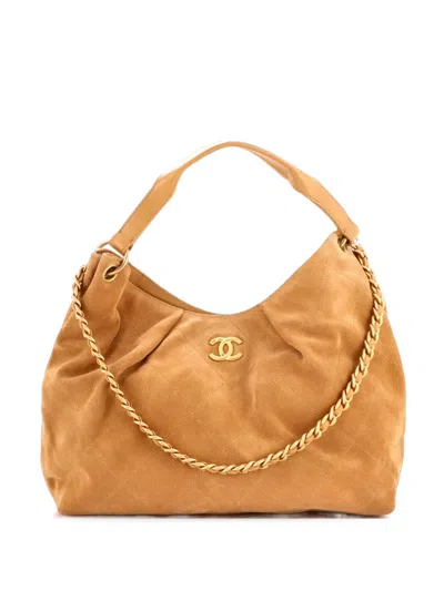 Pre-owned Chanel Maxi Quilted Suede Medium Hobo Bag In Neutrals