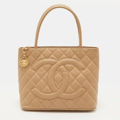 Pre-owned Chanel Medallion Beige Quilted Caviar Leather Tote In Sand