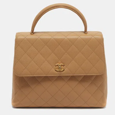 Pre-owned Chanel Medallion Beige Quilted Caviar Leather Tote In Sand