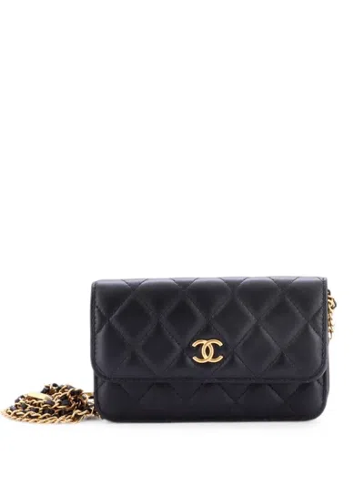 Pre-owned Chanel Medallion Charm Chain Phone Holder Quilted Lambskin Shoulder Bag In Black