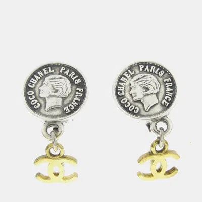 Pre-owned Chanel Medallion Dangle Earrings Gold Silver Clip-on