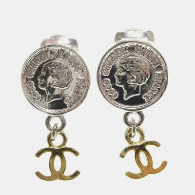 Pre-owned Chanel Medallion Dangle Earrings Gold Silver Clip-on