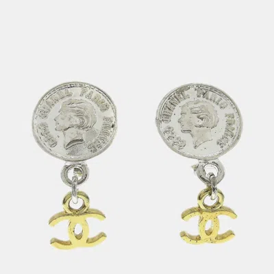 Pre-owned Chanel Medallion Dangle Earrings Gold Silver Clip-on