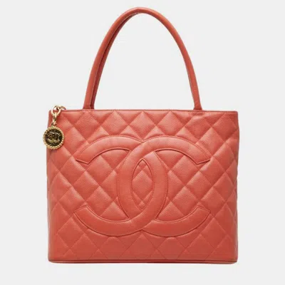 Pre-owned Chanel Medallion Orange Caviar Skin Leather Tote Bag