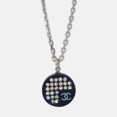 Pre-owned Chanel Medallion Pendant Necklace Rhinestone Silver Black