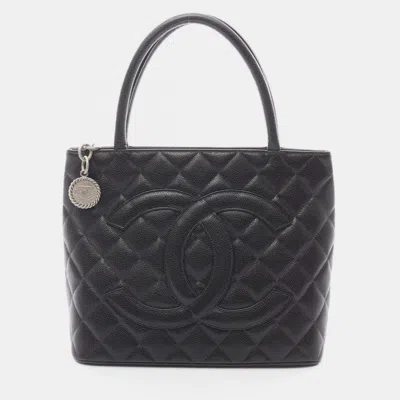 Pre-owned Chanel Medallion Tote Hand Bag Calfskin Leather Black