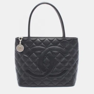 Pre-owned Chanel Medallion Tote Hand Bag Grained Calf Leather Black