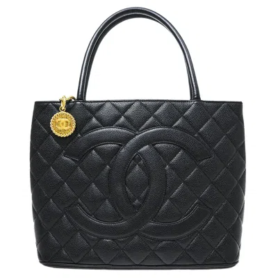 Pre-owned Chanel Medallion Tote Quilted Caviar Black Leather Tote Bag Bag ()
