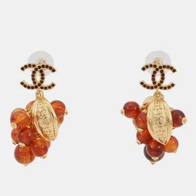 Pre-owned Chanel Medieval Grape Motif Earrings Brown Metal Rhinestone