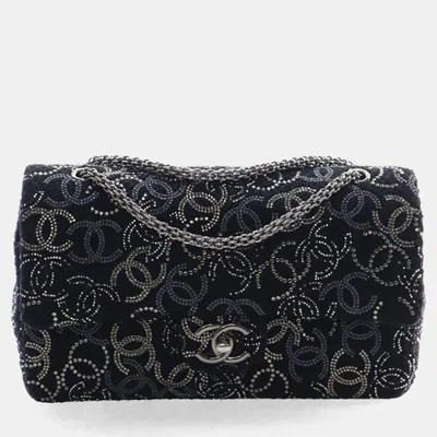 Pre-owned Chanel Medium Black Grey Silver Embellished Cc Paris-shanghai Pudong Classic Double Flap Bag