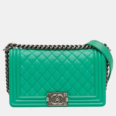 Pre-owned Chanel Medium Calfskin Boy Flap Bag In Green