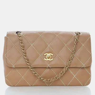 Pre-owned Chanel Medium Calfskin Wild Stitch Flap Bag In Sand