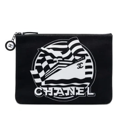 Pre-owned Chanel Medium Canvas La Pausa Zip O Case Clutch In Black