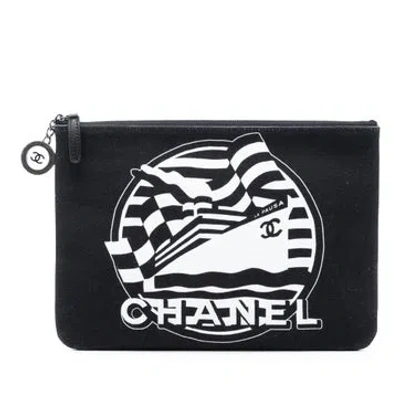 Pre-owned Chanel Medium Canvas La Pausa Zip O Case Clutch In Black
