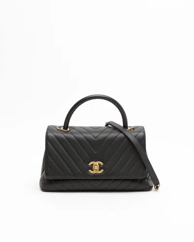 Pre-owned Chanel Medium Caviar Chevron Coco Top Handle Bag In Black