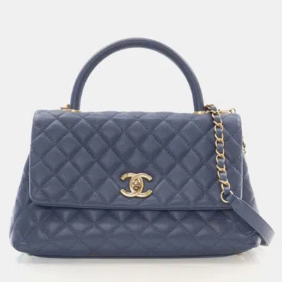 Pre-owned Chanel Medium Caviar Coco Handle Flap Bag In Blue