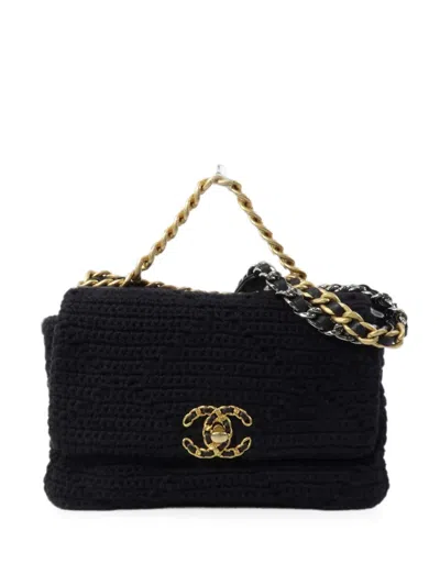 Pre-owned Chanel Medium  19 Chain-strap Cotton Shoulder Bag In Black