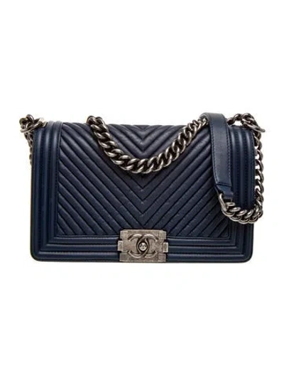 Pre-owned Chanel Medium Chevron Boy Bag In Blue