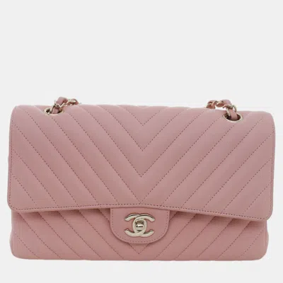 Pre-owned Chanel Medium Chevron Caviar Classic Double Flap Bag In Pink
