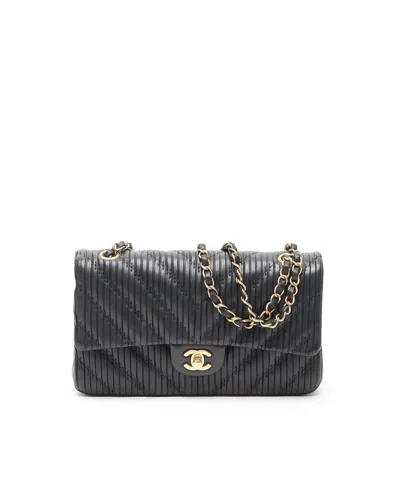 Pre-owned Chanel Medium Chevron Coco Pleats Classic Double Flap Bag In Black
