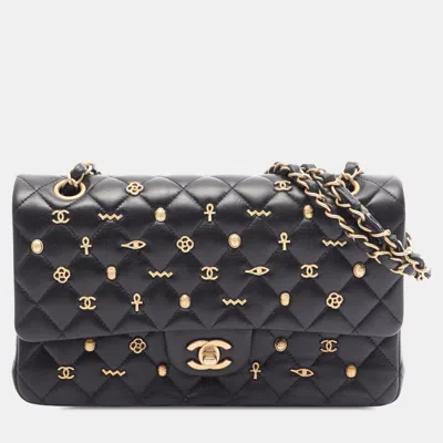 Pre-owned Chanel Medium Classic Egyptian Amulet Charms Black Lambskin Leather Double Flap Bag