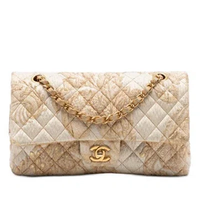Pre-owned Chanel Medium Classic Embroidered Canvas Double Flap In Gold