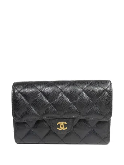 Pre-owned Chanel Medium Classic Flap Diamond-quilted Calfskin Wallet In Black