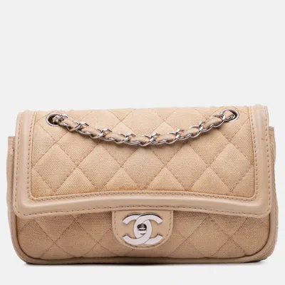 Pre-owned Chanel Medium Classic Lambskin Trimmed Canvas Line Double Flap In Sand