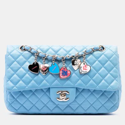 Pre-owned Chanel Medium Classic Lambskin Valentines Heart Charms Single Flap Light Blue Silver Hardware Shoulder Bag