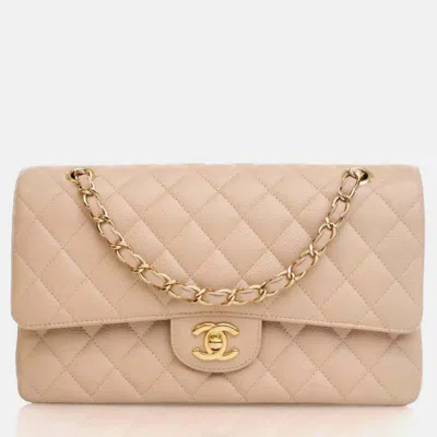 Pre-owned Chanel Medium Cream Caviar Classic Double Flap Bag In White