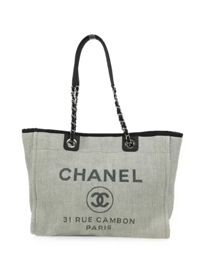 Pre-owned Chanel Medium Deauville Cc Logo-print Tote Bag In Grey