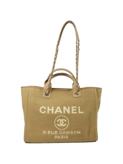 Pre-owned Chanel Medium Deauville Cc Two-way Tote Bag In Neutrals