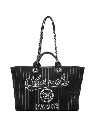 Pre-owned Chanel Medium Deauville Pinstripe Tote Bag In Black