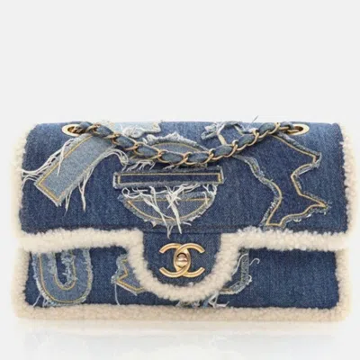 Pre-owned Chanel Medium Denim Egyptian Hieroglyph Classic Single Flap In Blue