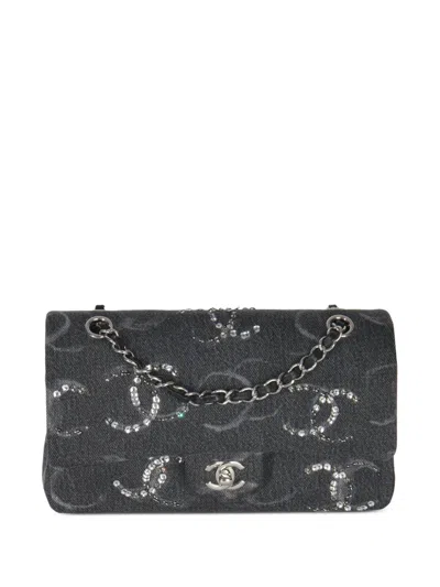Pre-owned Chanel Medium Denim Sequin Cc Classic Double Flap Bag In Gray