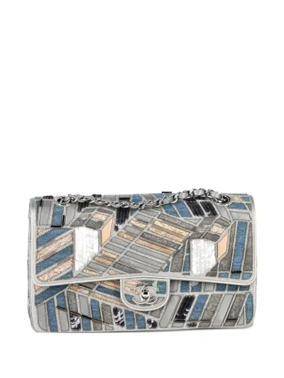 Pre-owned Chanel Medium Double Flap Patchwork Shoulder Bag In Silver