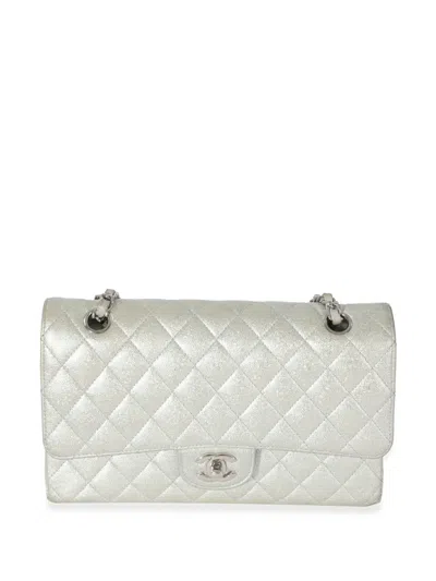 Pre-owned Chanel Medium Glitter Double Flap Shoulder Bag In White