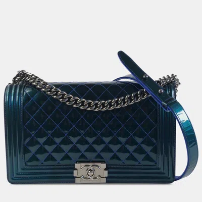 Pre-owned Chanel Medium Patent Boy Flap In Blue