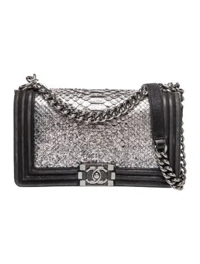 Pre-owned Chanel Medium Python Strass Boy Bag In Black/silver