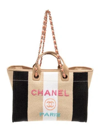 Pre-owned Chanel Medium Raffia Deauville Shopping Tote In Neutral