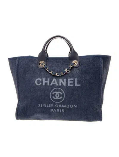 Pre-owned Chanel Medium Raffia Deauville Tote In Blue