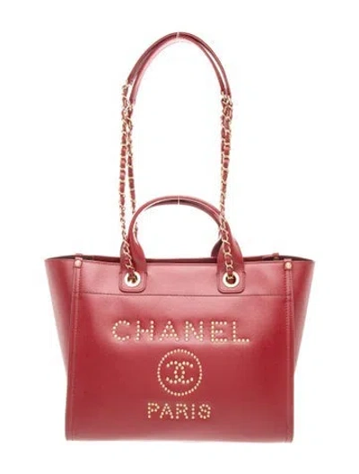 Pre-owned Chanel Medium Studded Deauville Tote In Red