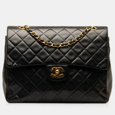 Pre-owned Chanel Medium Tall Classic Lambskin Double Flap In Black