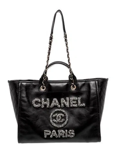Pre-owned Chanel Medium Tweed Deauville Shopping Tote In Black