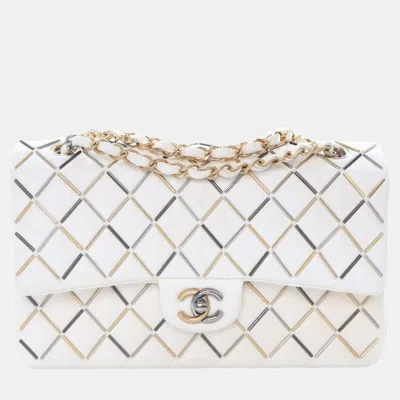 Pre-owned Chanel Medium White Lambskin Embellished Double Flap Bag