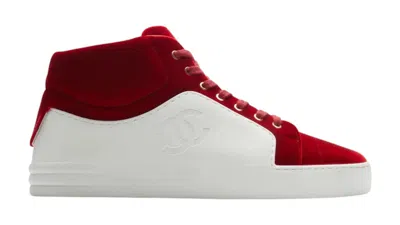 Pre-owned Chanel Men's  Cc High Velvet Sneaker Sneakers In White/red In Multi