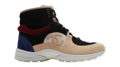 Pre-owned Chanel Men's  Cc Logo Suede High Sneaker Beige Sneakers In Black/burgundy/blue