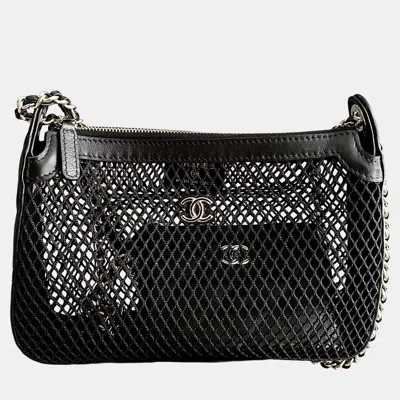 Pre-owned Chanel Mesh Black Shiny Lambskin Clutch With Chain