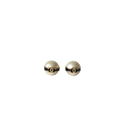 Pre-owned Chanel Metal Cc Pearl Round Earrings Gold White Black