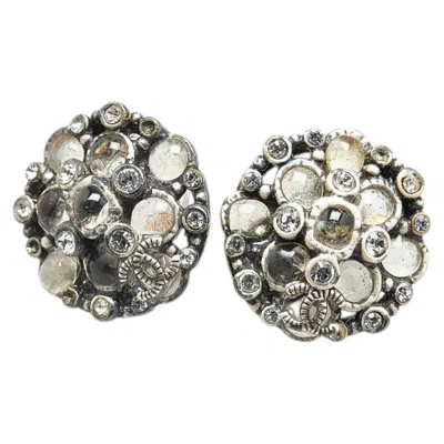 Pre-owned Chanel Metal Coco Mark Rhinestone Stud Earrings A15b In Silver